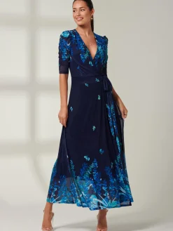 Jolie Moi Occasion Dresses|Floral Dresses-Kinley Print Wrap Mesh Maxi Dress, Navy Leafy