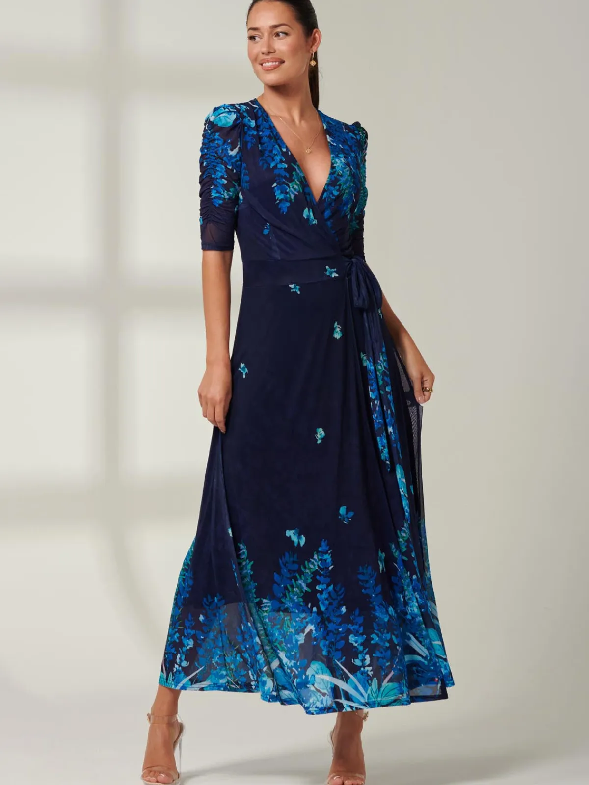 Jolie Moi Occasion Dresses|Floral Dresses-Kinley Print Wrap Mesh Maxi Dress, Navy Leafy