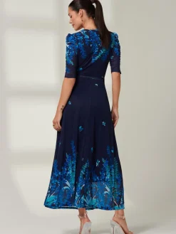 Jolie Moi Occasion Dresses|Floral Dresses-Kinley Print Wrap Mesh Maxi Dress, Navy Leafy