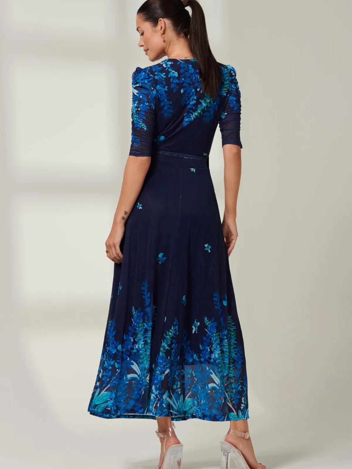 Jolie Moi Occasion Dresses|Floral Dresses-Kinley Print Wrap Mesh Maxi Dress, Navy Leafy