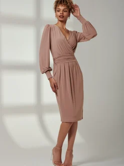Jolie Moi Occasion Dresses|Weekend Casuals-Kinslee Long Sleeve Pegged Dress, Dusty Pink