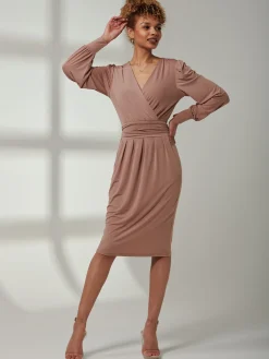 Jolie Moi Occasion Dresses|Weekend Casuals-Kinslee Long Sleeve Pegged Dress, Dusty Pink