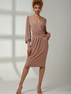 Jolie Moi Occasion Dresses|Weekend Casuals-Kinslee Long Sleeve Pegged Dress, Dusty Pink