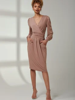Jolie Moi Occasion Dresses|Weekend Casuals-Kinslee Long Sleeve Pegged Dress, Dusty Pink