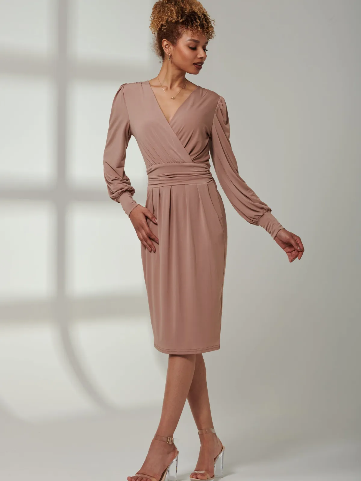 Jolie Moi Occasion Dresses|Weekend Casuals-Kinslee Long Sleeve Pegged Dress, Dusty Pink
