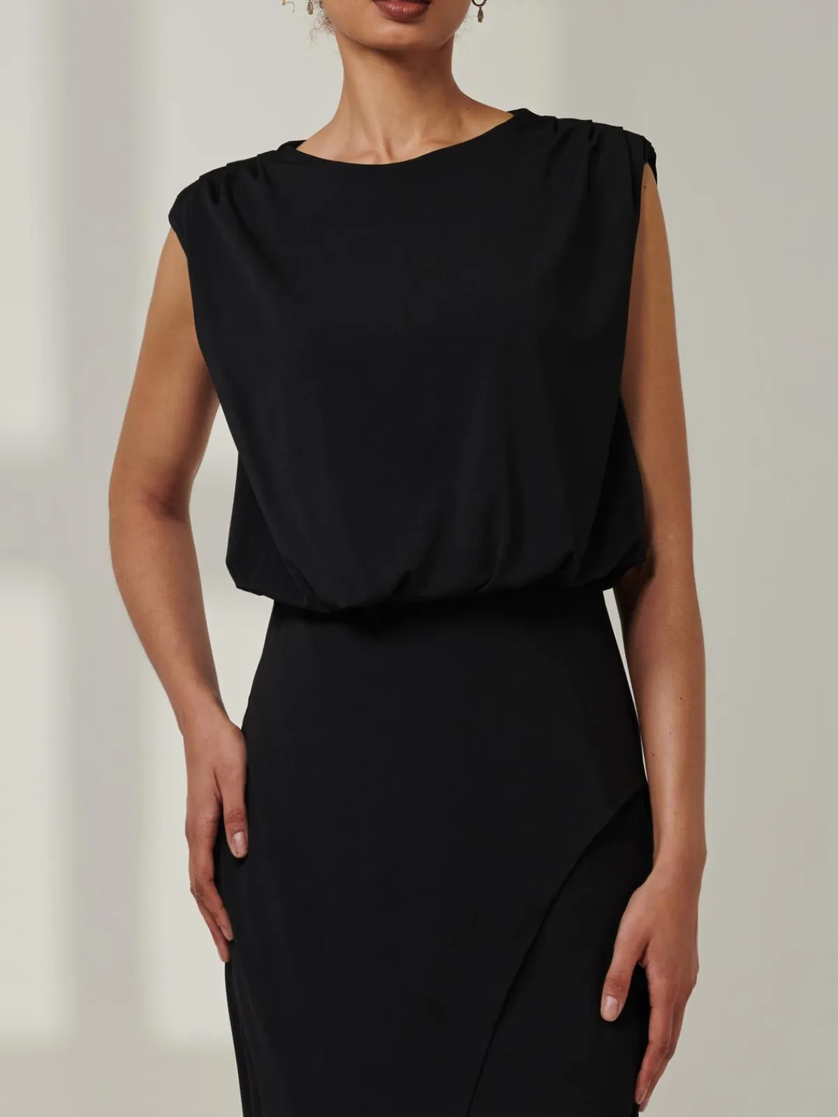 Jolie Moi Office Wear|Office Dresses-Kira Tiered Draped Bodycon Dress, Black