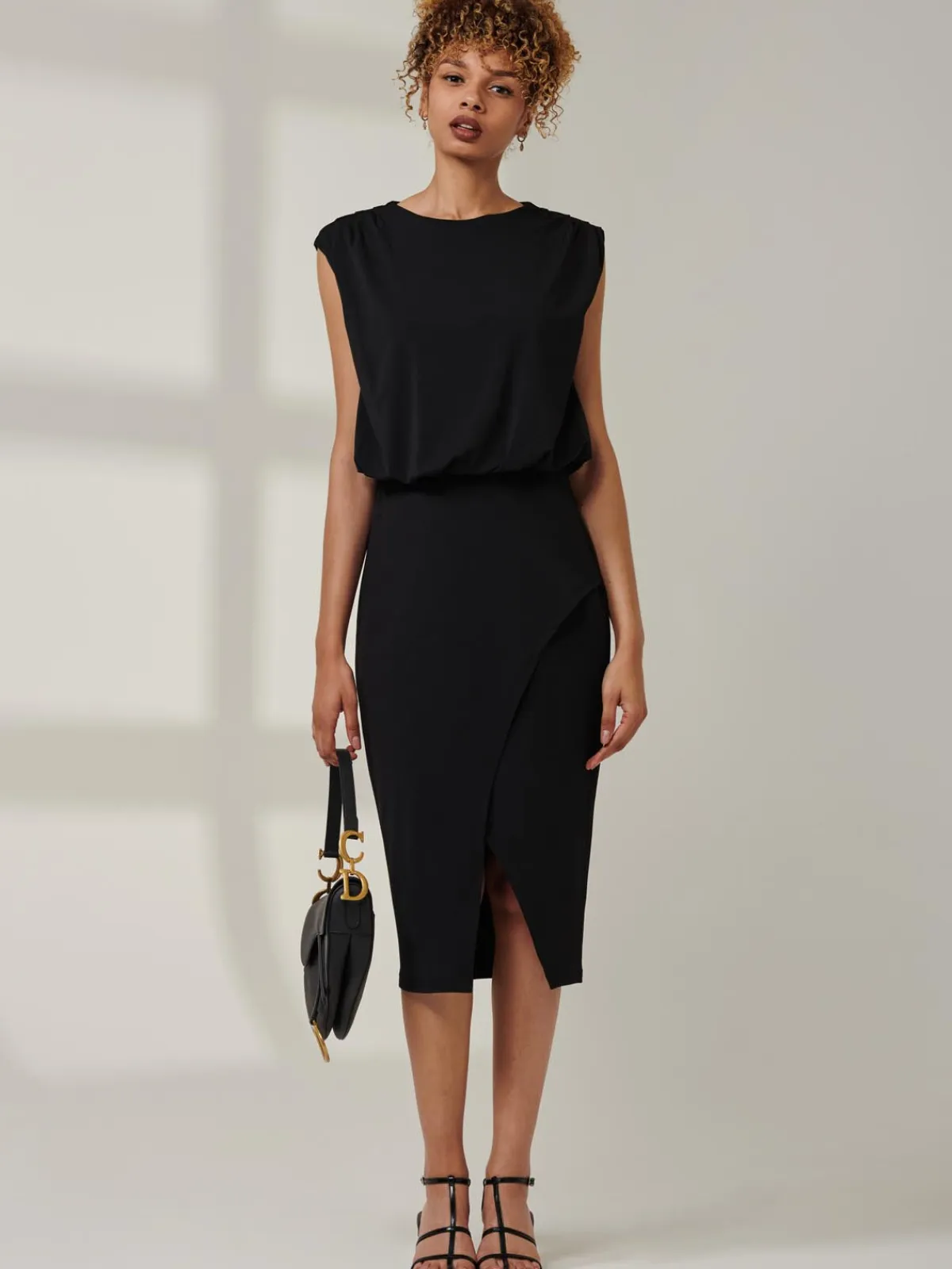 Jolie Moi Office Wear|Office Dresses-Kira Tiered Draped Bodycon Dress, Black