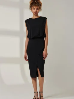 Jolie Moi Office Wear|Office Dresses-Kira Tiered Draped Bodycon Dress, Black