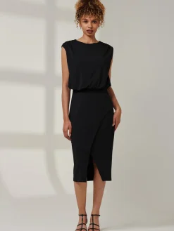 Jolie Moi Office Wear|Office Dresses-Kira Tiered Draped Bodycon Dress, Black