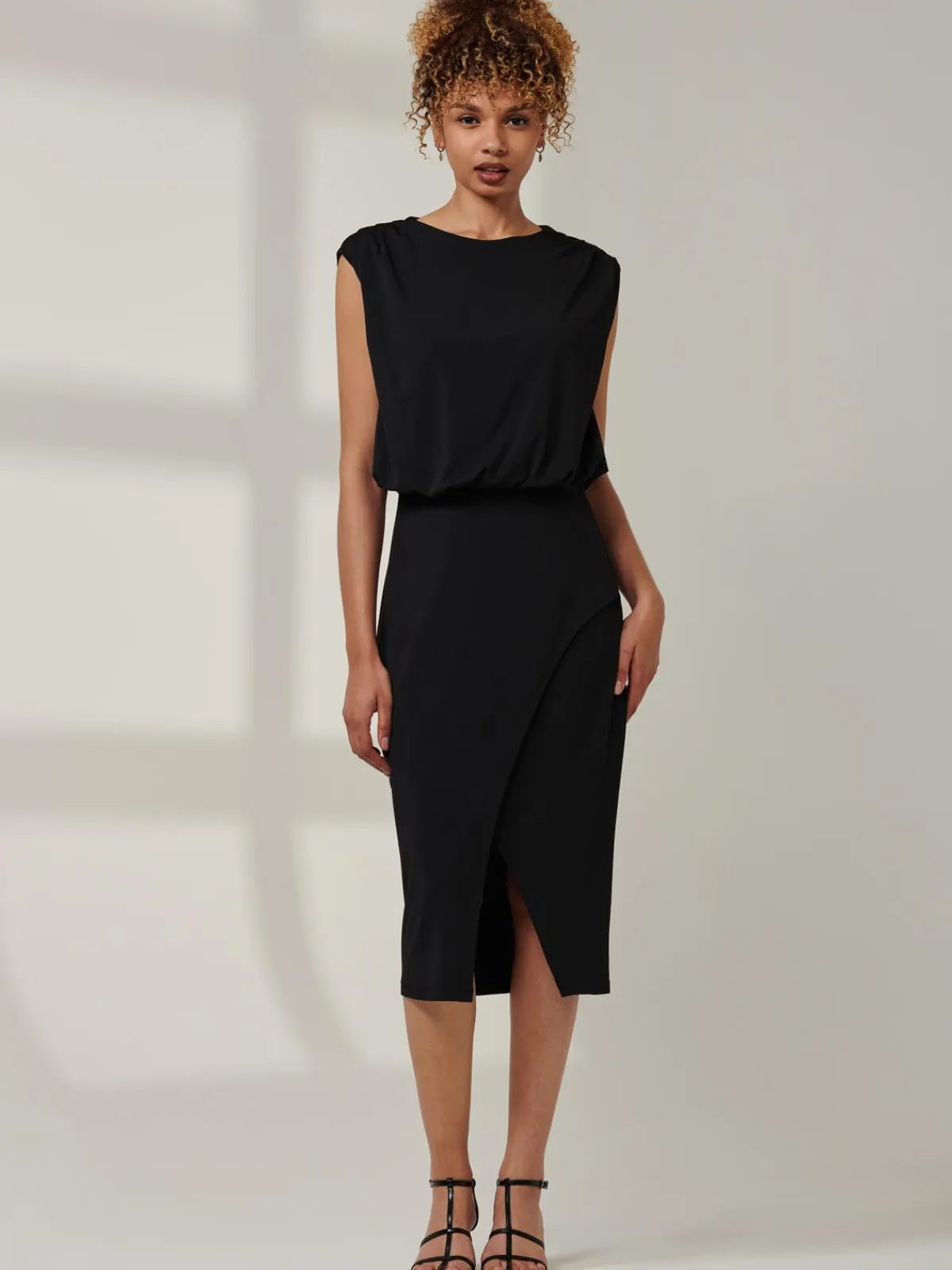 Jolie Moi Office Wear|Office Dresses-Kira Tiered Draped Bodycon Dress, Black