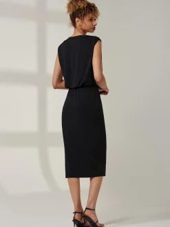 Jolie Moi Office Wear|Office Dresses-Kira Tiered Draped Bodycon Dress, Black