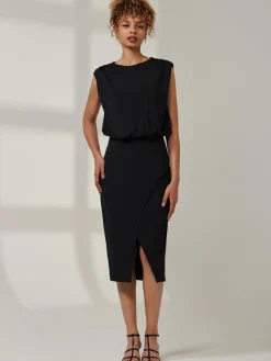 Jolie Moi Office Wear|Office Dresses-Kira Tiered Draped Bodycon Dress, Black