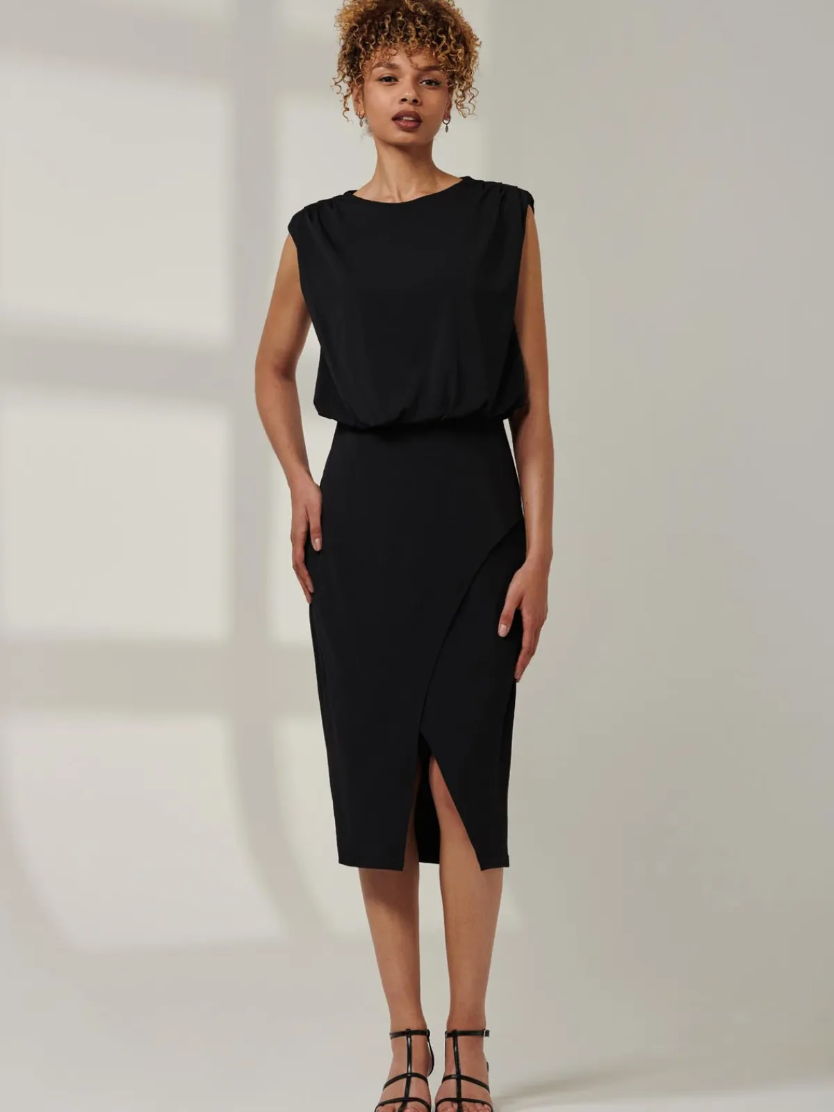Jolie Moi Office Wear|Office Dresses-Kira Tiered Draped Bodycon Dress, Black