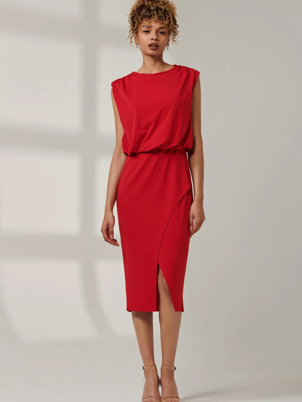 Jolie Moi Office Wear|Office Dresses-Kira Tie Draped Bodycon Dress, Red