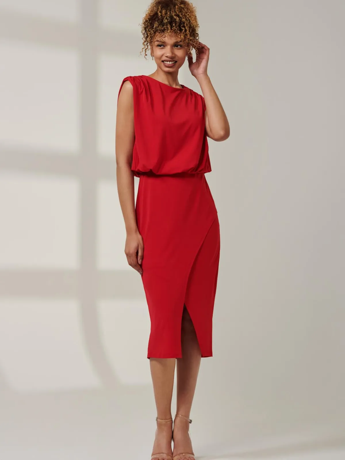 Jolie Moi Office Wear|Office Dresses-Kira Tie Draped Bodycon Dress, Red