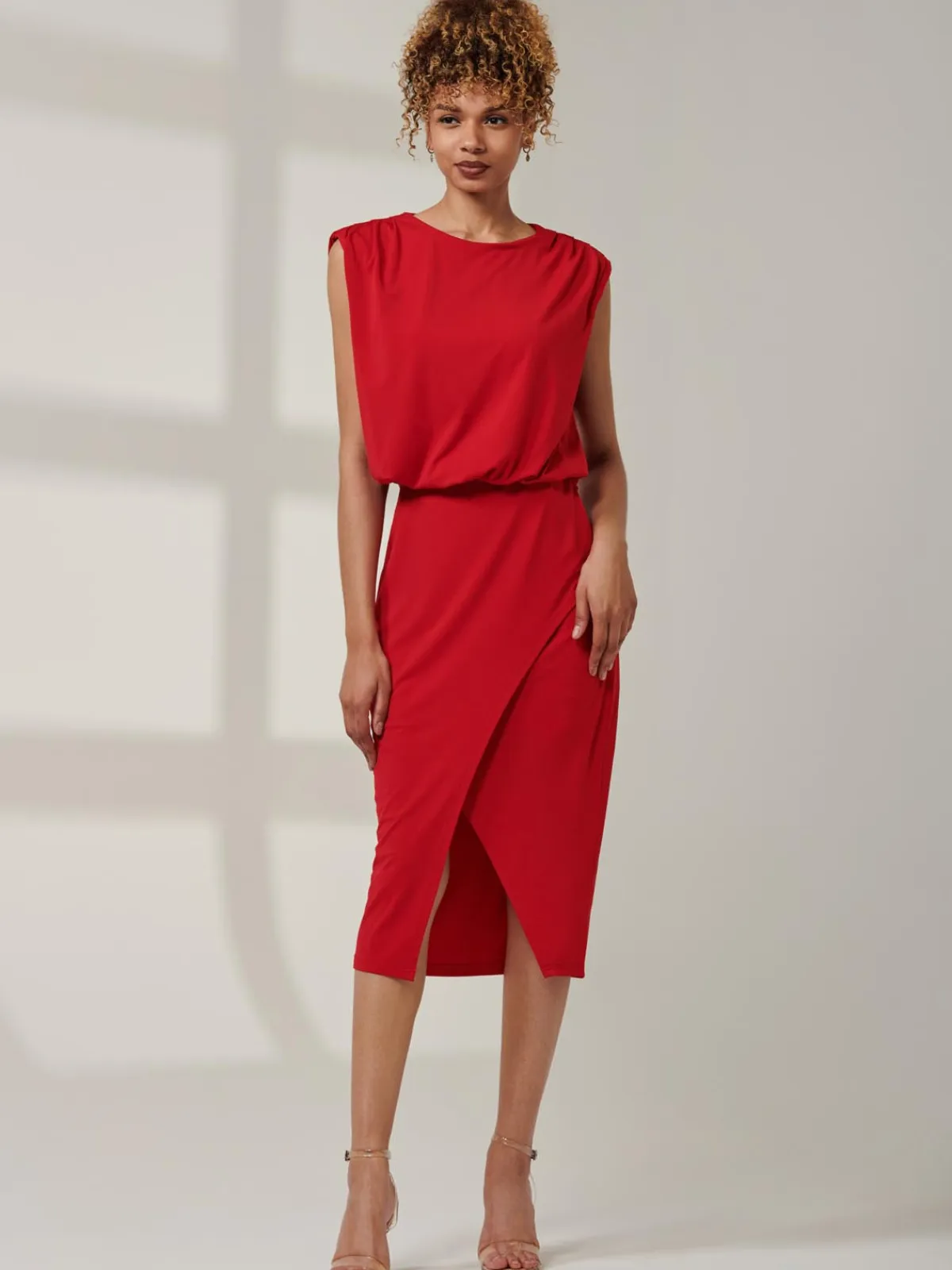 Jolie Moi Office Wear|Office Dresses-Kira Tie Draped Bodycon Dress, Red