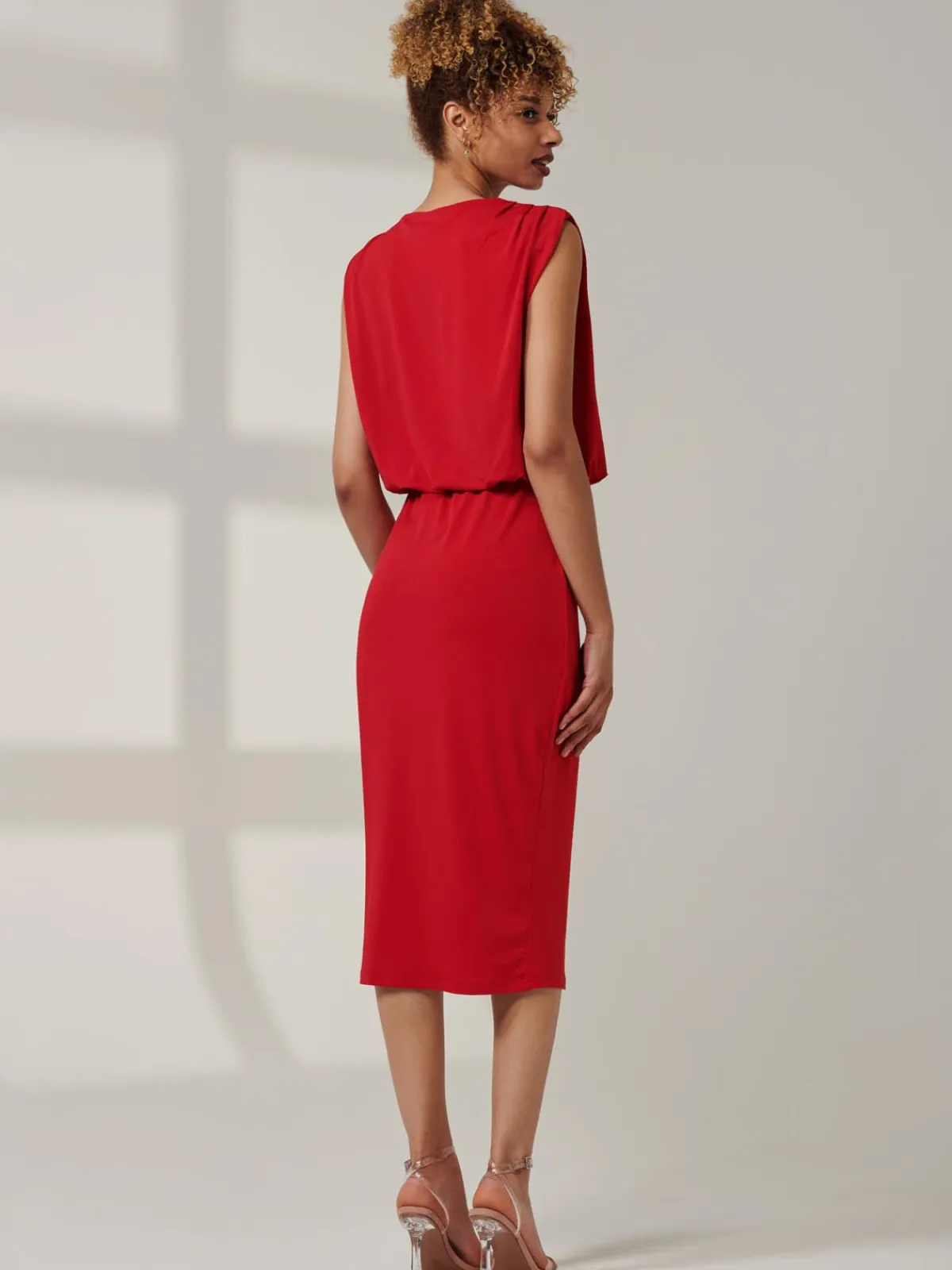 Jolie Moi Office Wear|Office Dresses-Kira Tie Draped Bodycon Dress, Red