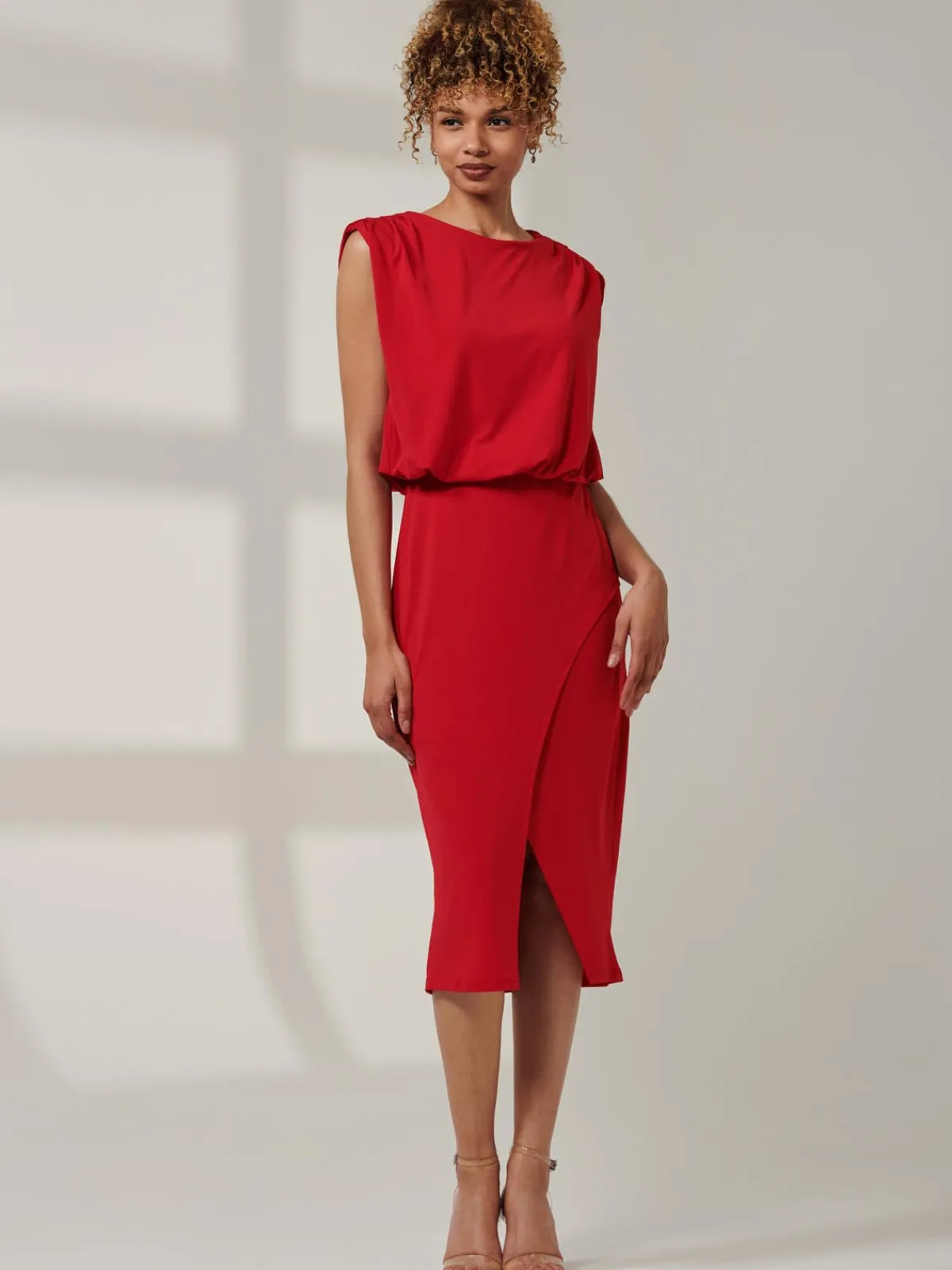 Jolie Moi Office Wear|Office Dresses-Kira Tie Draped Bodycon Dress, Red