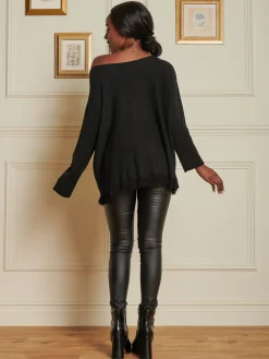 Jolie Moi Co-Ords|Knitted Jumpers-Knitted Fringe Detail Jumper, Black