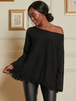 Jolie Moi Co-Ords|Knitted Jumpers-Knitted Fringe Detail Jumper, Black