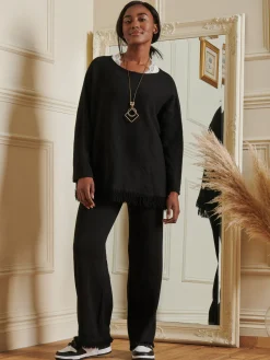 Jolie Moi Co-Ords|Knitted Jumpers-Knitted Fringe Detail Jumper, Black