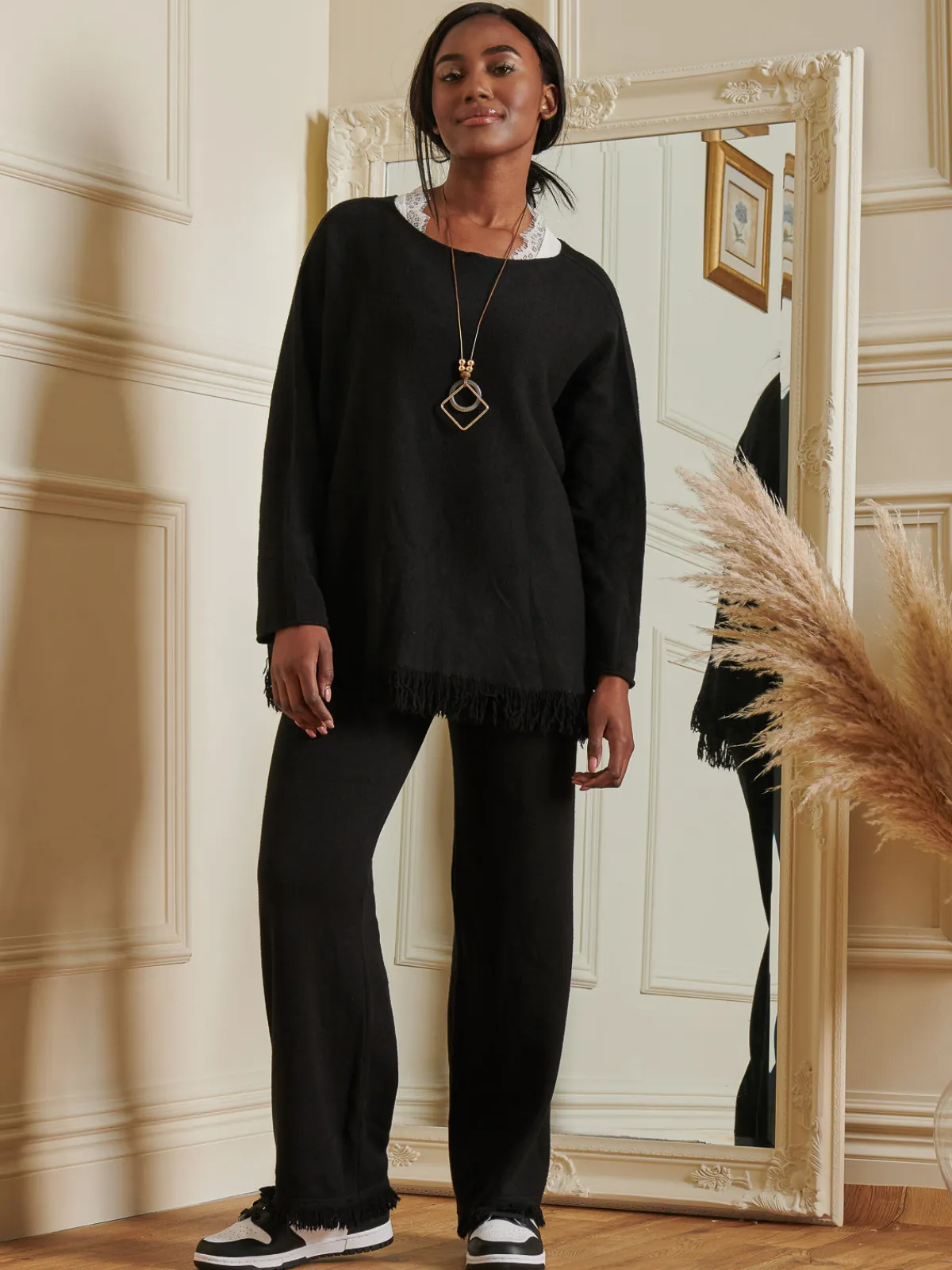 Jolie Moi Co-Ords|Knitted Jumpers-Knitted Fringe Detail Jumper, Black