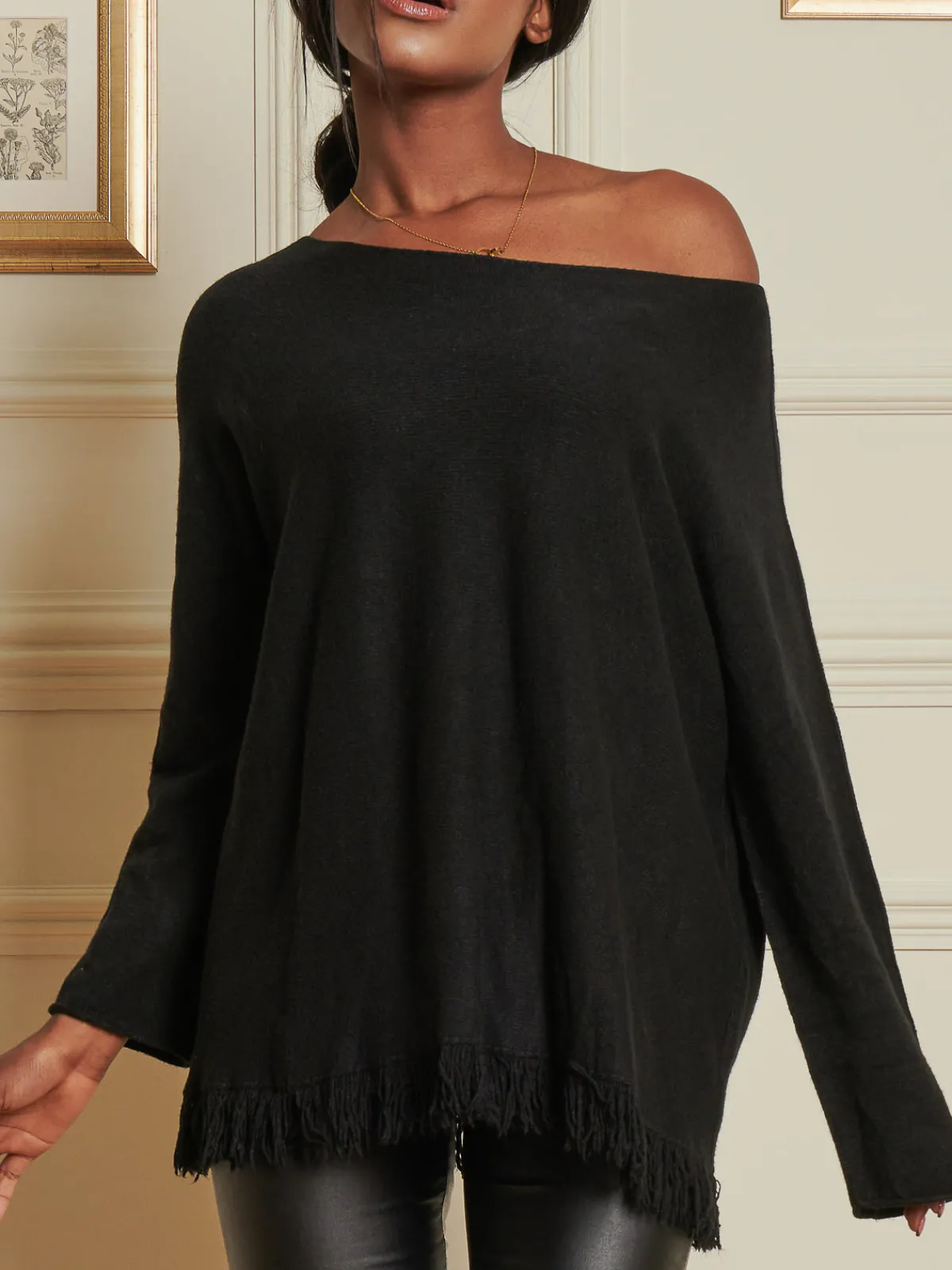 Jolie Moi Co-Ords|Knitted Jumpers-Knitted Fringe Detail Jumper, Black
