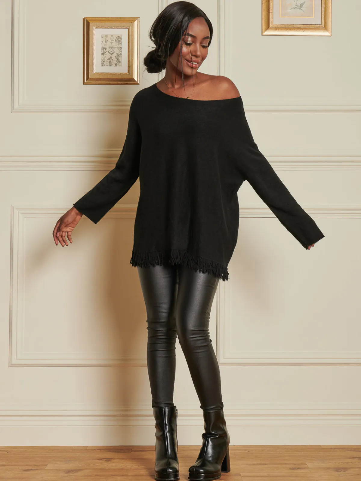 Jolie Moi Co-Ords|Knitted Jumpers-Knitted Fringe Detail Jumper, Black