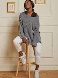 Jolie Moi Co-Ords|Knitted Jumpers-Knitted Fringe Detail Jumper, Grey