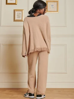 Jolie Moi Co-Ords|Knitted Jumpers-Knitted Fringe Detail Jumper, Khaki