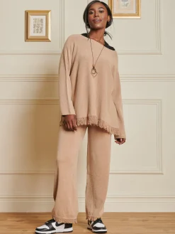 Jolie Moi Co-Ords|Knitted Jumpers-Knitted Fringe Detail Jumper, Khaki