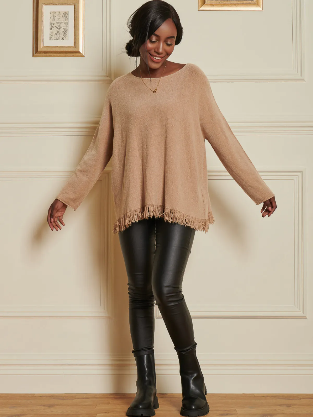 Jolie Moi Co-Ords|Knitted Jumpers-Knitted Fringe Detail Jumper, Khaki