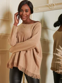 Jolie Moi Co-Ords|Knitted Jumpers-Knitted Fringe Detail Jumper, Khaki