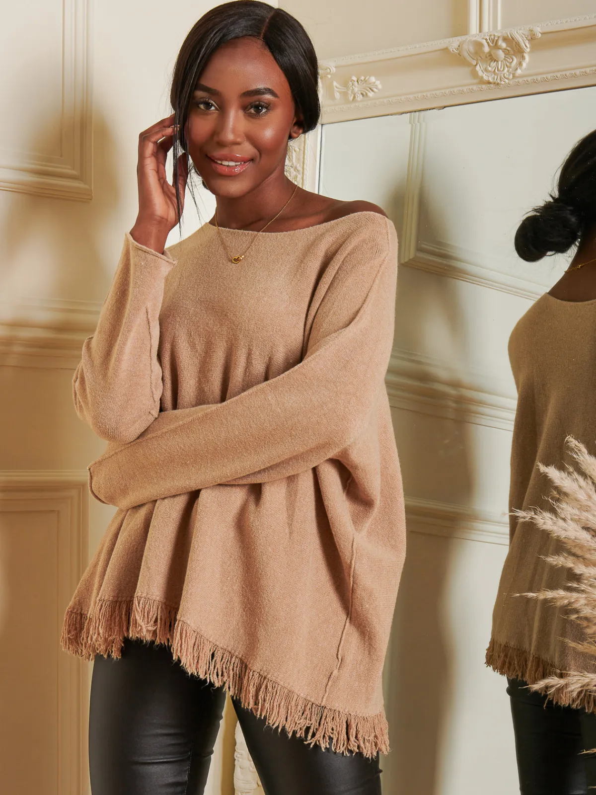 Jolie Moi Co-Ords|Knitted Jumpers-Knitted Fringe Detail Jumper, Khaki