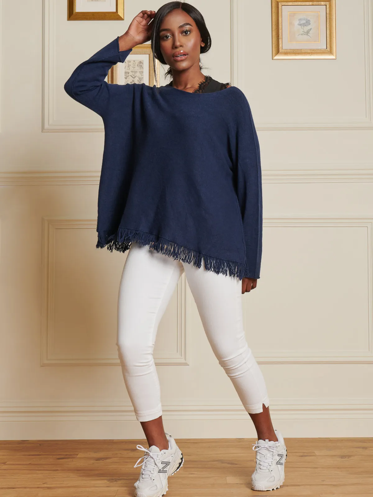 Jolie Moi Co-Ords-Knitted Fringe Detail Jumper, Navy
