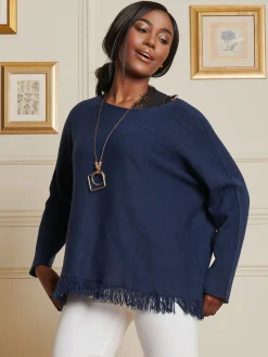 Jolie Moi Co-Ords-Knitted Fringe Detail Jumper, Navy