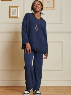 Jolie Moi Co-Ords-Knitted Fringe Detail Jumper, Navy