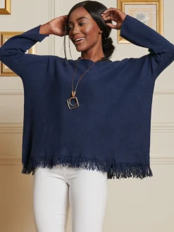 Jolie Moi Co-Ords-Knitted Fringe Detail Jumper, Navy