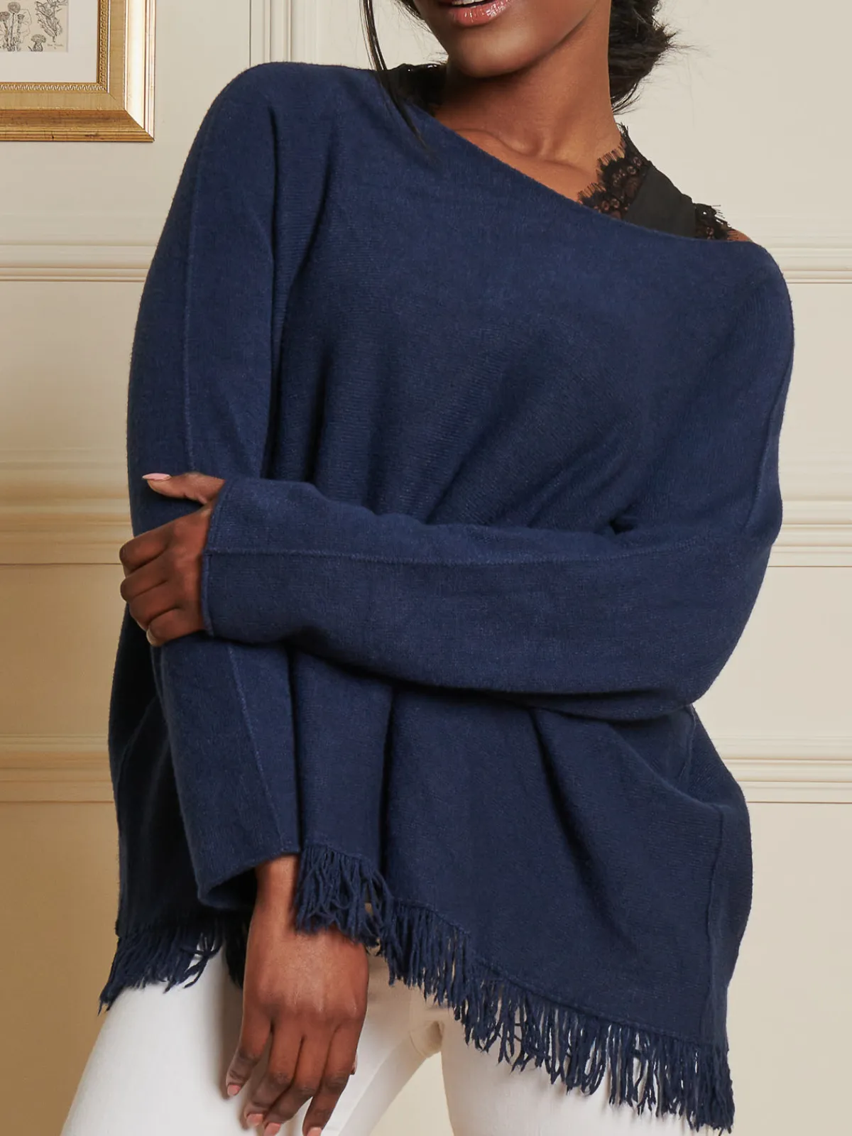 Jolie Moi Co-Ords-Knitted Fringe Detail Jumper, Navy