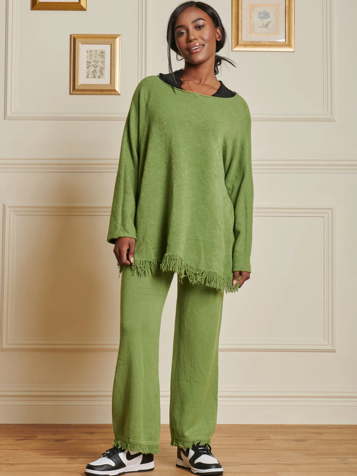 Jolie Moi Co-Ords|Knitted Jumpers-Knitted Fringe Detail Jumper, Olive Green