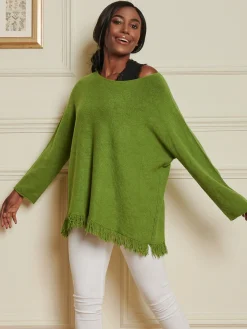 Jolie Moi Co-Ords|Knitted Jumpers-Knitted Fringe Detail Jumper, Olive Green