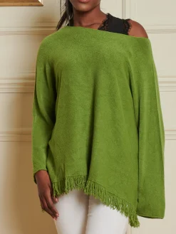 Jolie Moi Co-Ords|Knitted Jumpers-Knitted Fringe Detail Jumper, Olive Green