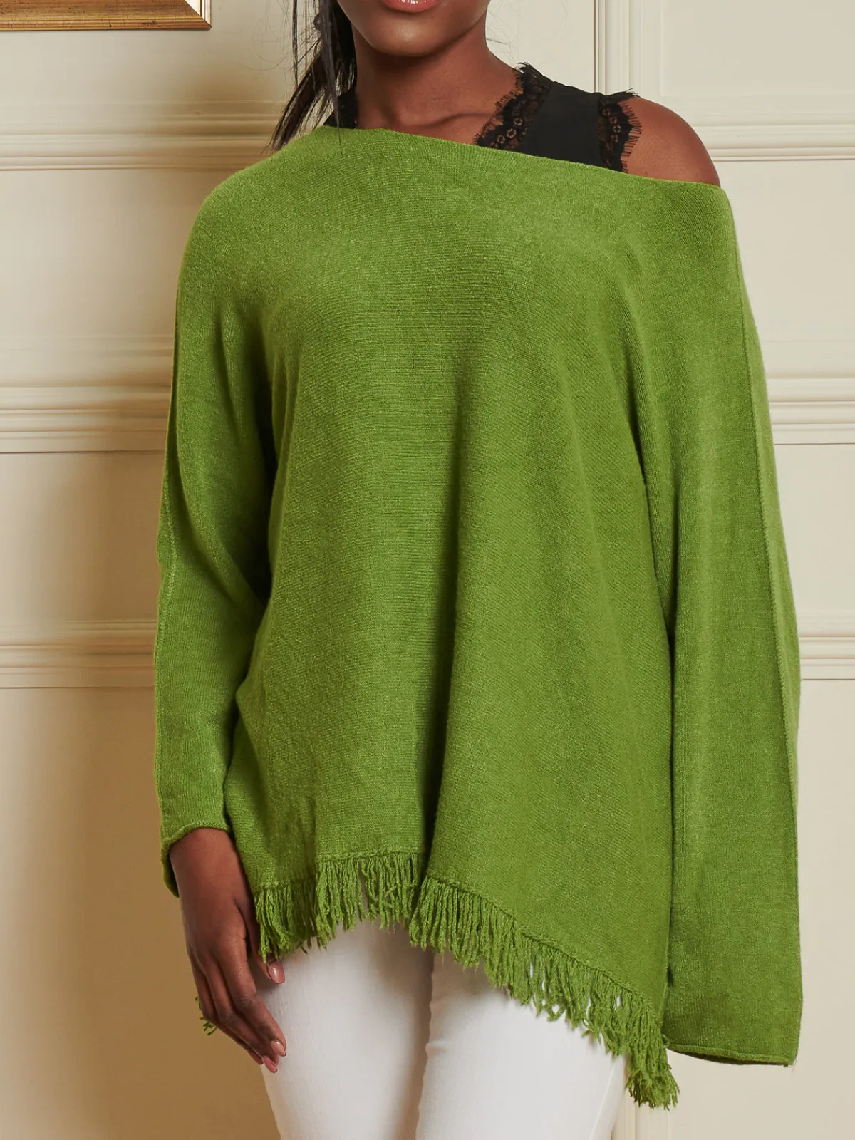 Jolie Moi Co-Ords|Knitted Jumpers-Knitted Fringe Detail Jumper, Olive Green