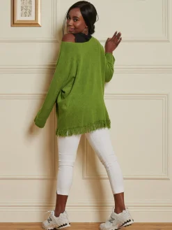 Jolie Moi Co-Ords|Knitted Jumpers-Knitted Fringe Detail Jumper, Olive Green