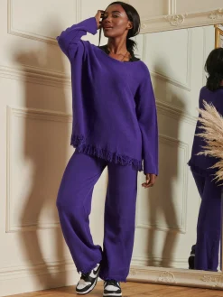 Jolie Moi Co-Ords-Knitted Fringe Detail Jumper, Purple