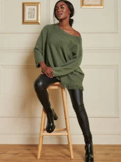 Jolie Moi Co-Ords-Knitted Fringe Detail Jumper, Soldier Green