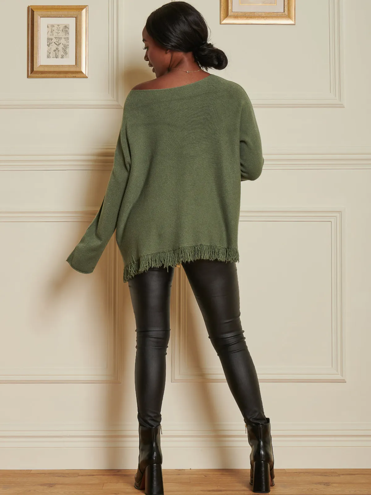 Jolie Moi Co-Ords-Knitted Fringe Detail Jumper, Soldier Green