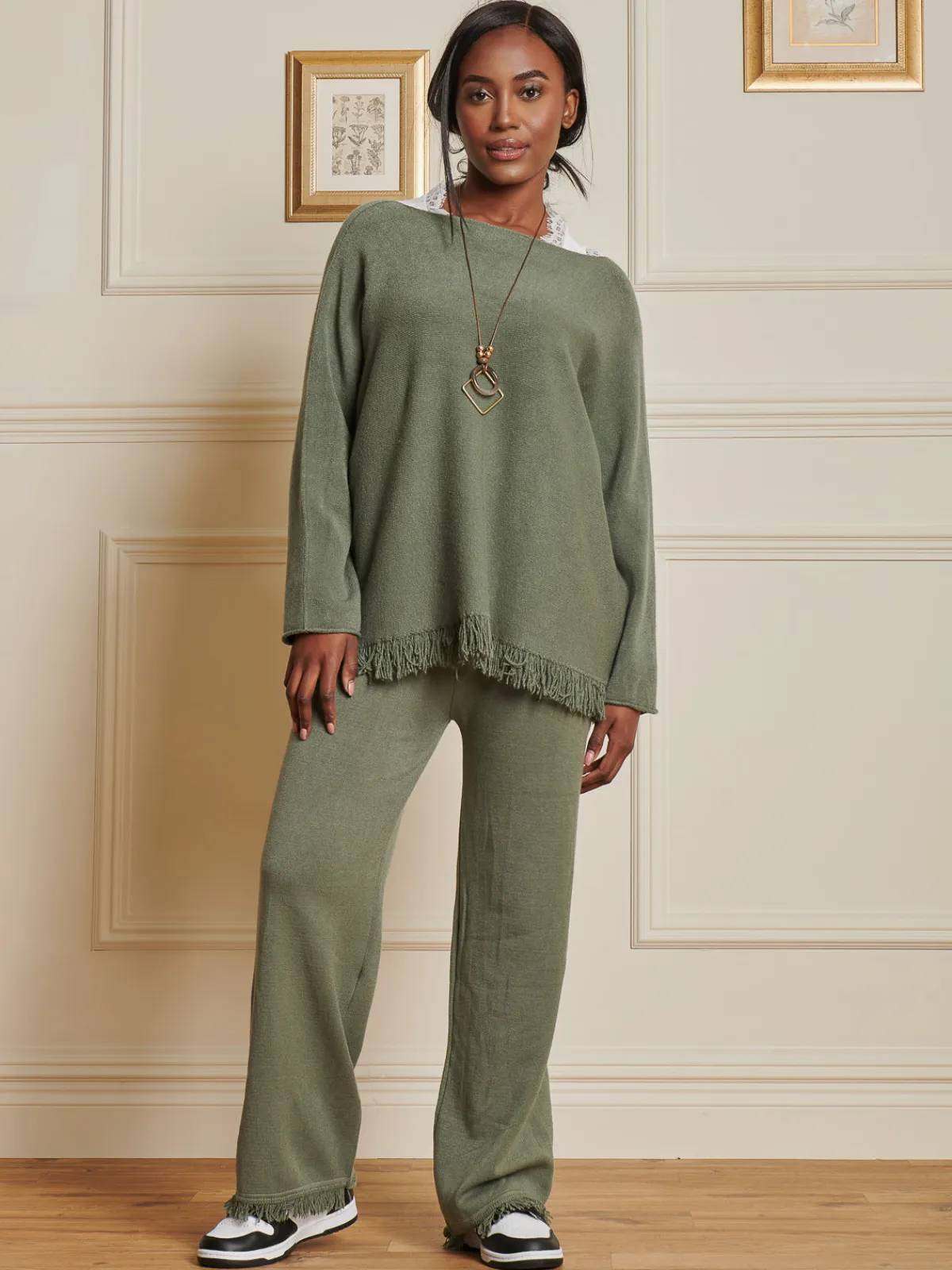 Jolie Moi Co-Ords-Knitted Fringe Detail Jumper, Soldier Green