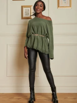 Jolie Moi Co-Ords-Knitted Fringe Detail Jumper, Soldier Green