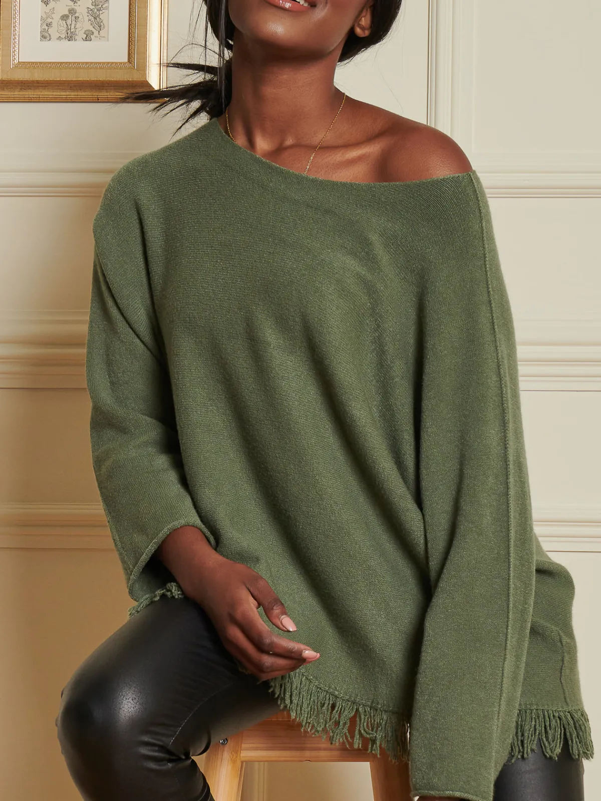 Jolie Moi Co-Ords-Knitted Fringe Detail Jumper, Soldier Green
